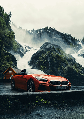 Red BMW Z4 Roadster Waterfall Backdrop