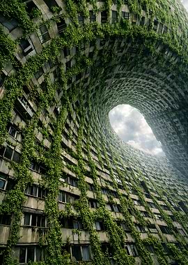 Overgrown Building with Sky View