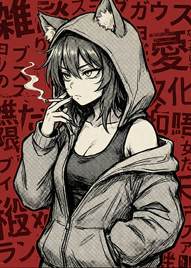 Anime Girl Smoking with Cat Ear Hoodie