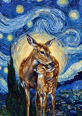 Deer Family in Starry Night Style