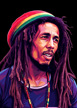 Bob Marley Portrait with Rasta Hat