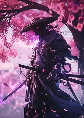 Samurai in Cherry Blossom Garden