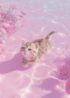 Cute Kitten in Pink Water with Flowers