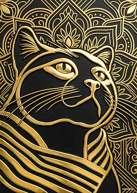 Art Deco Black Cat in Gold Linework