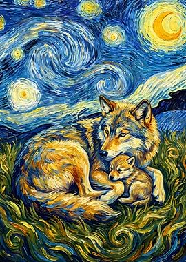 Wolf and Cub Starry Night Painting