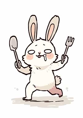 Cartoon Rabbit with Spoon and Fork