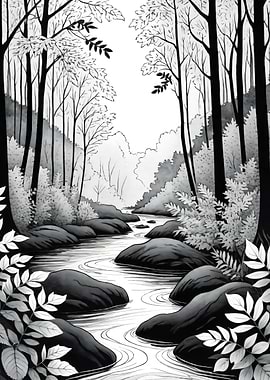 Monochrome Forest River Landscape