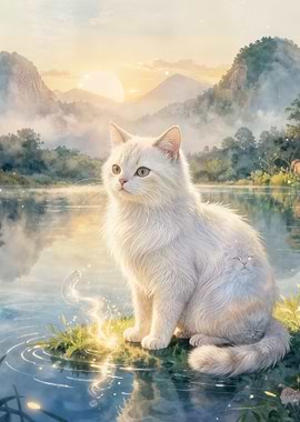 White Cat by Lake with Mountains
