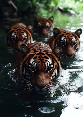 Tigers Swimming in Water
