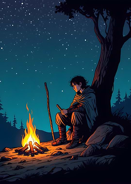 Night Campfire Scene with Lone Figure