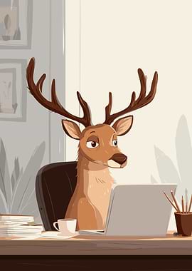 Cartoon Deer Working at a Desk