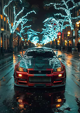 Red Nissan Skyline R34 at Night