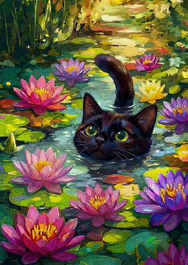 Black Cat in Lily Pond Painting