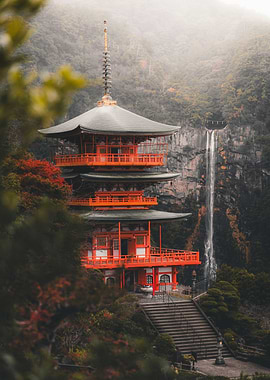 Japanese Pagoda with Waterfall Backdrop