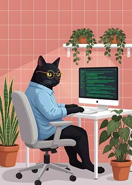 Cat Programmer at Desk with Computer