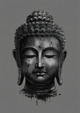 Buddha Head Portrait in Gray Tones