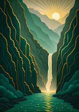 Luminous Emerald Waterfall Sunlit Golden Accents Mountain Valley
