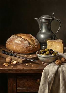 Still Life with Bread, Cheese, and Olives