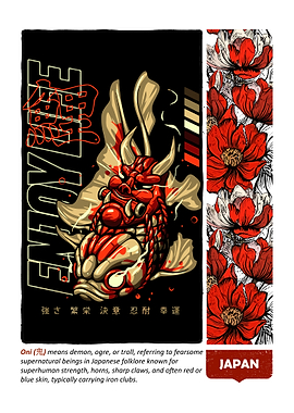 Japanese Oni Demon and Floral Design