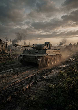 Tiger Tank in War-Torn Landscape