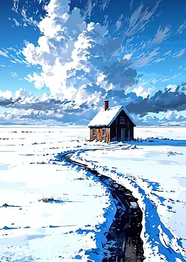 Winter House Landscape with Snowy Path