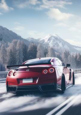 Red Nissan GTR in Winter