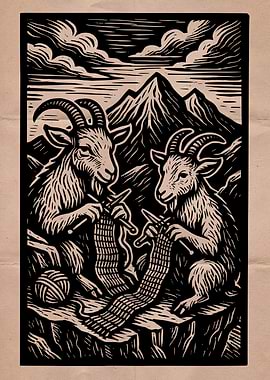 Goats Knitting in the Mountains Art