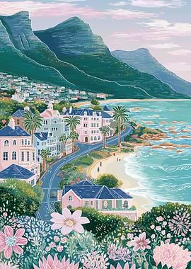 Coastal Town with Mountains and Flowers