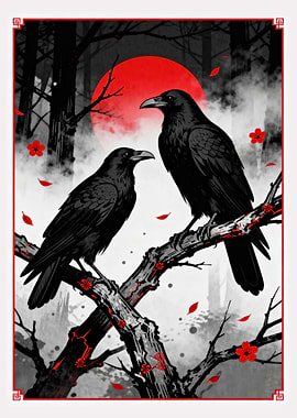 Two Ravens in a Forest Scene