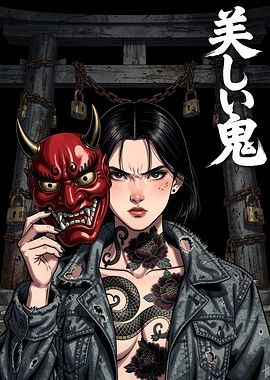 Girl with Oni Mask and Tattoos