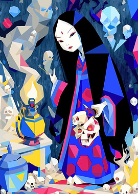 Geometric Woman with Skulls and Lantern