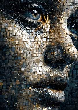 Fragmented Gaze Golden Digital Mosaic