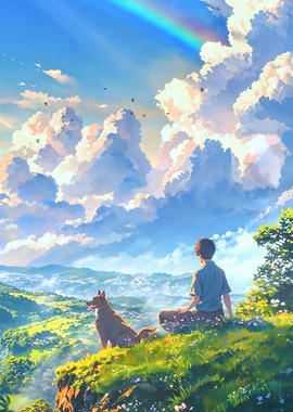 Boy and Dog on Hilltop View