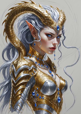 Elven Warrior Queen Portrait in Gilded Armor with Sapphire Gems — Fantasy Digital Art