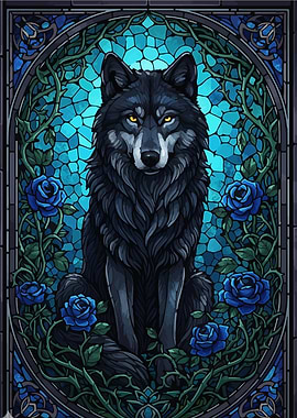 Wolf and Roses Stained Glass Art