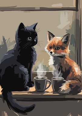Cat and Fox with Coffee Cozy