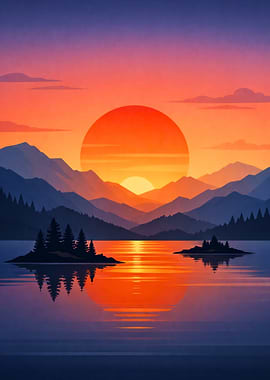 Sunset Lake Landscape Digital Art