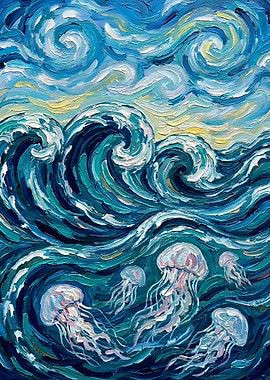 Ocean Waves and Jellyfish Painting