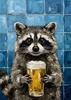 Raccoon with Beer Painting