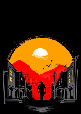 Western Town Silhouette at Sunset