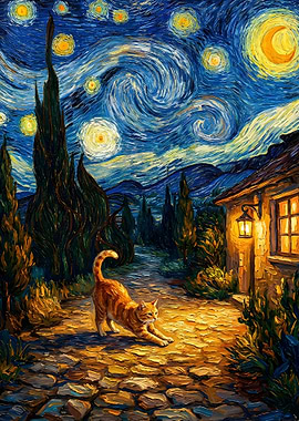 Cat Stretching Under Starry Night Sky