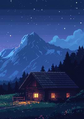 Pixel Art Cabin Under Starry Night
