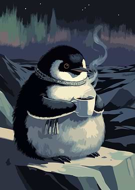 Penguin with Coffee Cozy Art