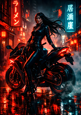 Cyberpunk Biker Girl in Neon City