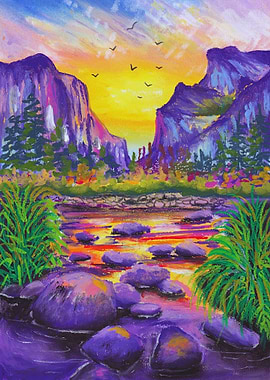 Colorful Mountain Landscape Painting with River