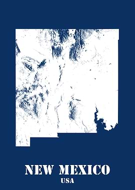 New Mexico USA State Minimalist White Topographic Contour Relief Map featuring terrain on navy blue background