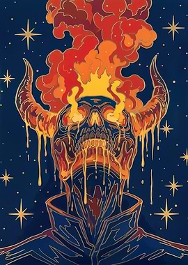 Cosmic Flaming Skull with Melting Horns