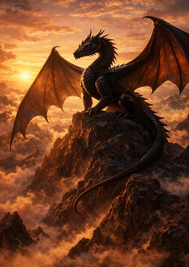 Dragon on Mountain Peak at Sunset