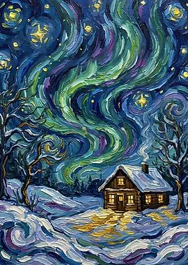 Winter Cabin Under Aurora Borealis Painting