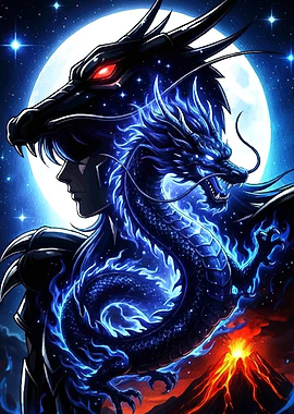 Anime Character with Dragon and Moon